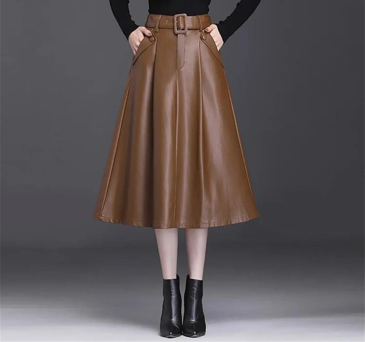 Faux Leather Skirt Women Belt A-Line Skirt Female Loose Elegant Split Pleated Midi Skirt