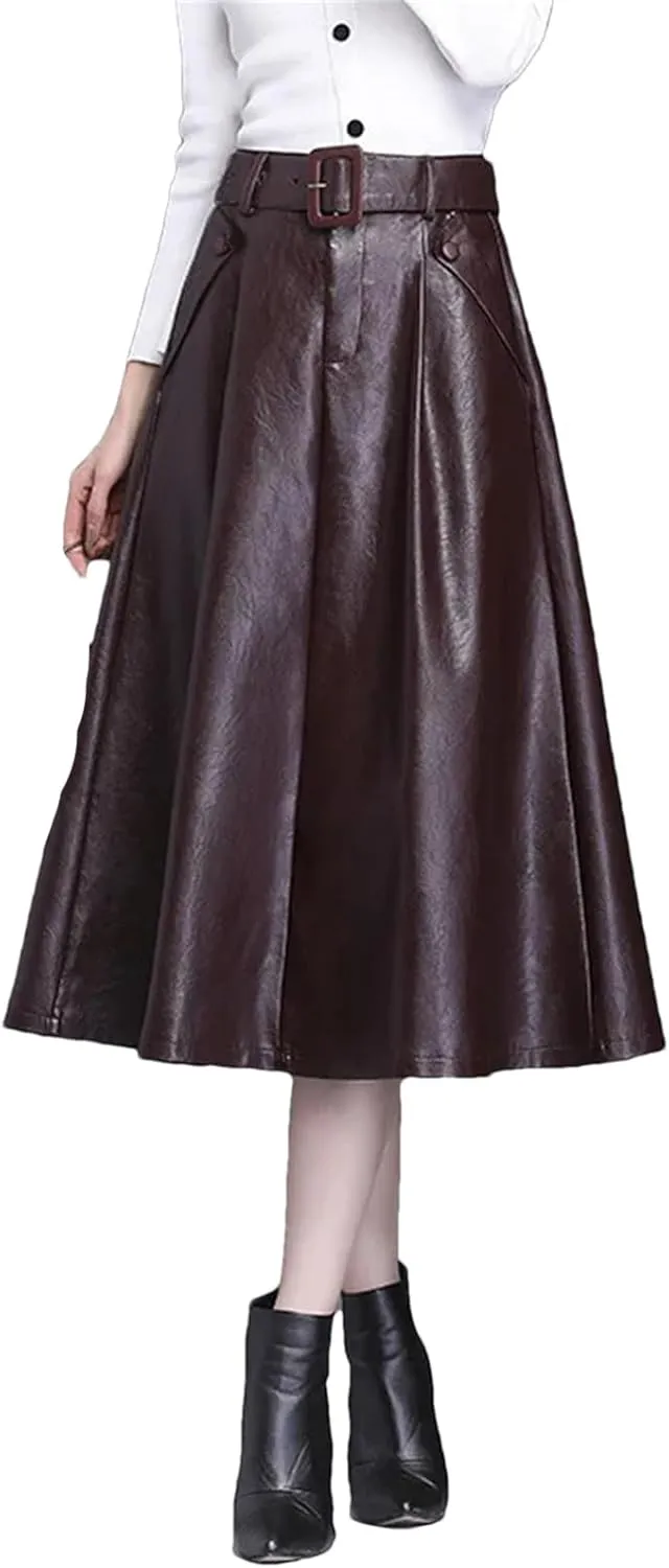 Faux Leather Skirt Women Belt A-Line Skirt Female Loose Elegant Split Pleated Midi Skirt