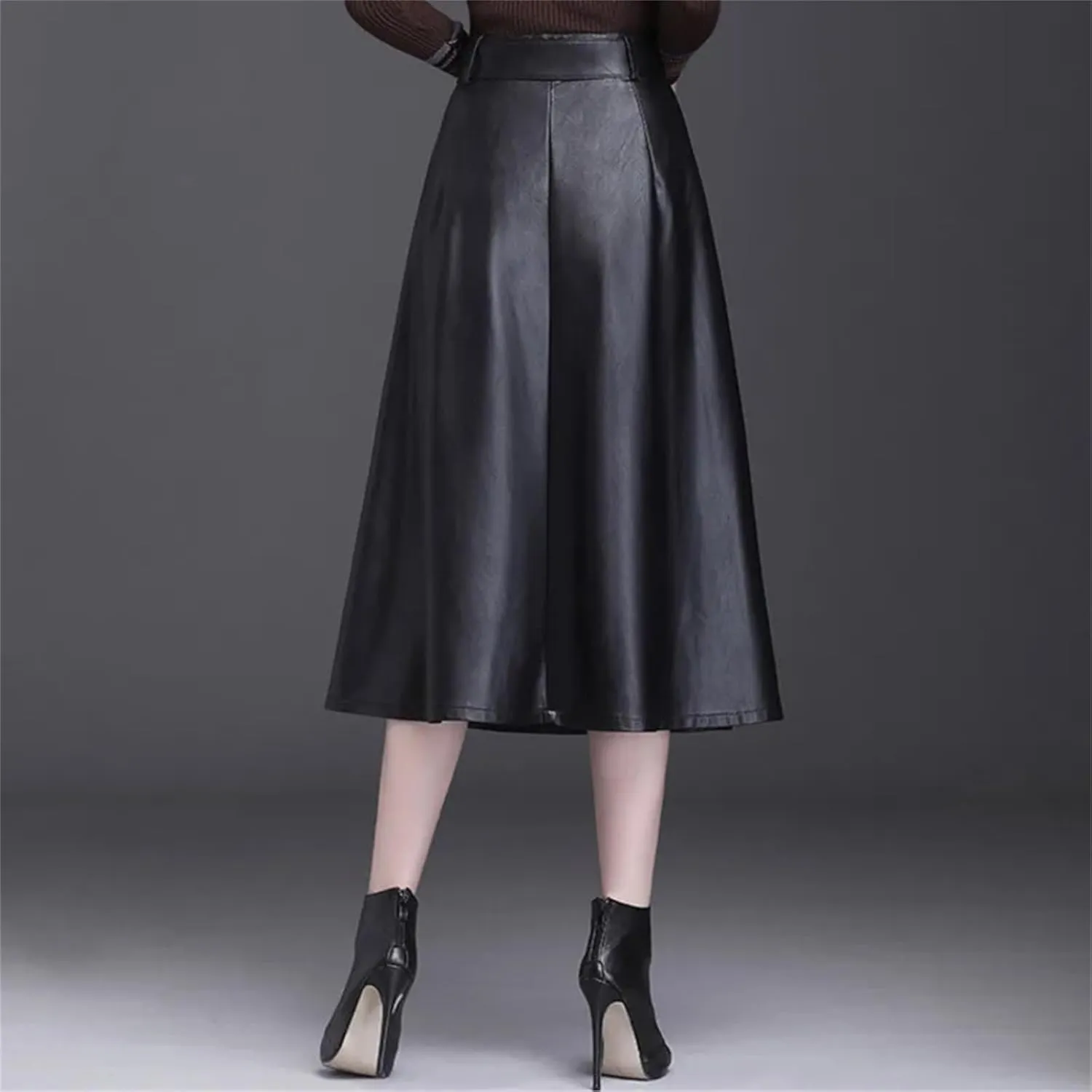 Faux Leather Skirt Women Belt A-Line Skirt Female Loose Elegant Split Pleated Midi Skirt