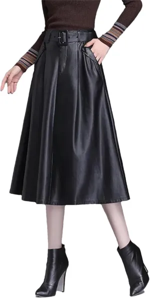Faux Leather Skirt Women Belt A-Line Skirt Female Loose Elegant Split Pleated Midi Skirt