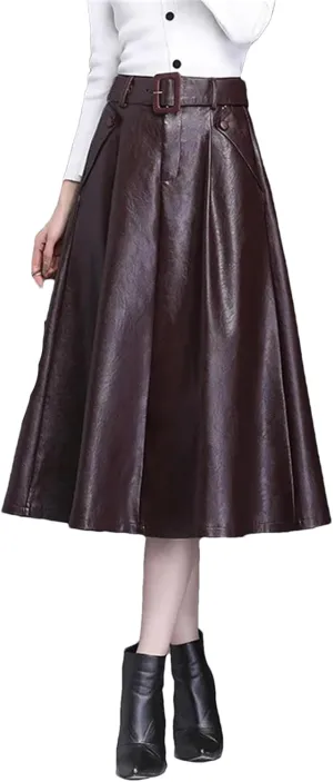 Faux Leather Skirt Women Belt A-Line Skirt Female Loose Elegant Split Pleated Midi Skirt