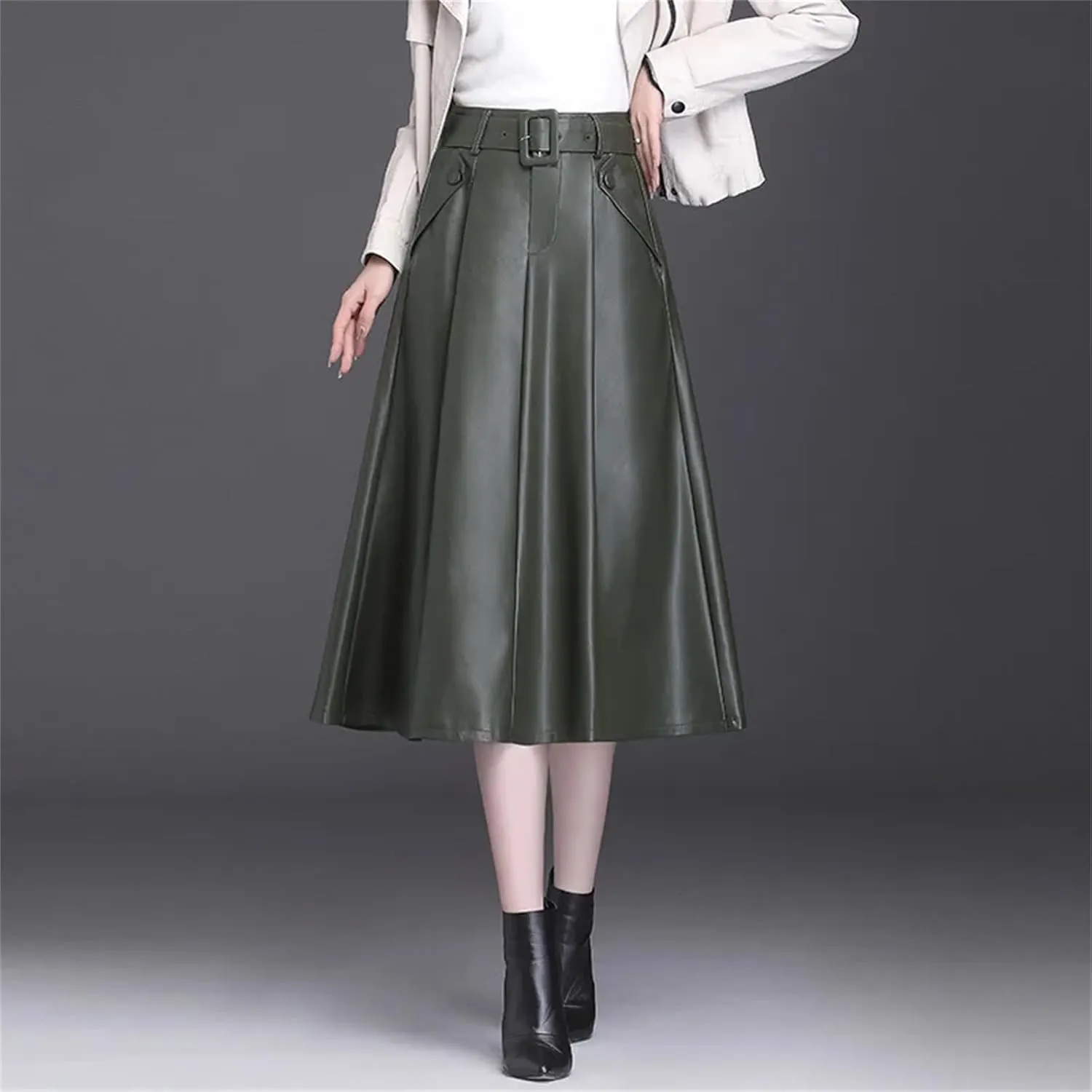 Faux Leather Skirt Women Belt A-Line Skirt Female Loose Elegant Split Pleated Midi Skirt
