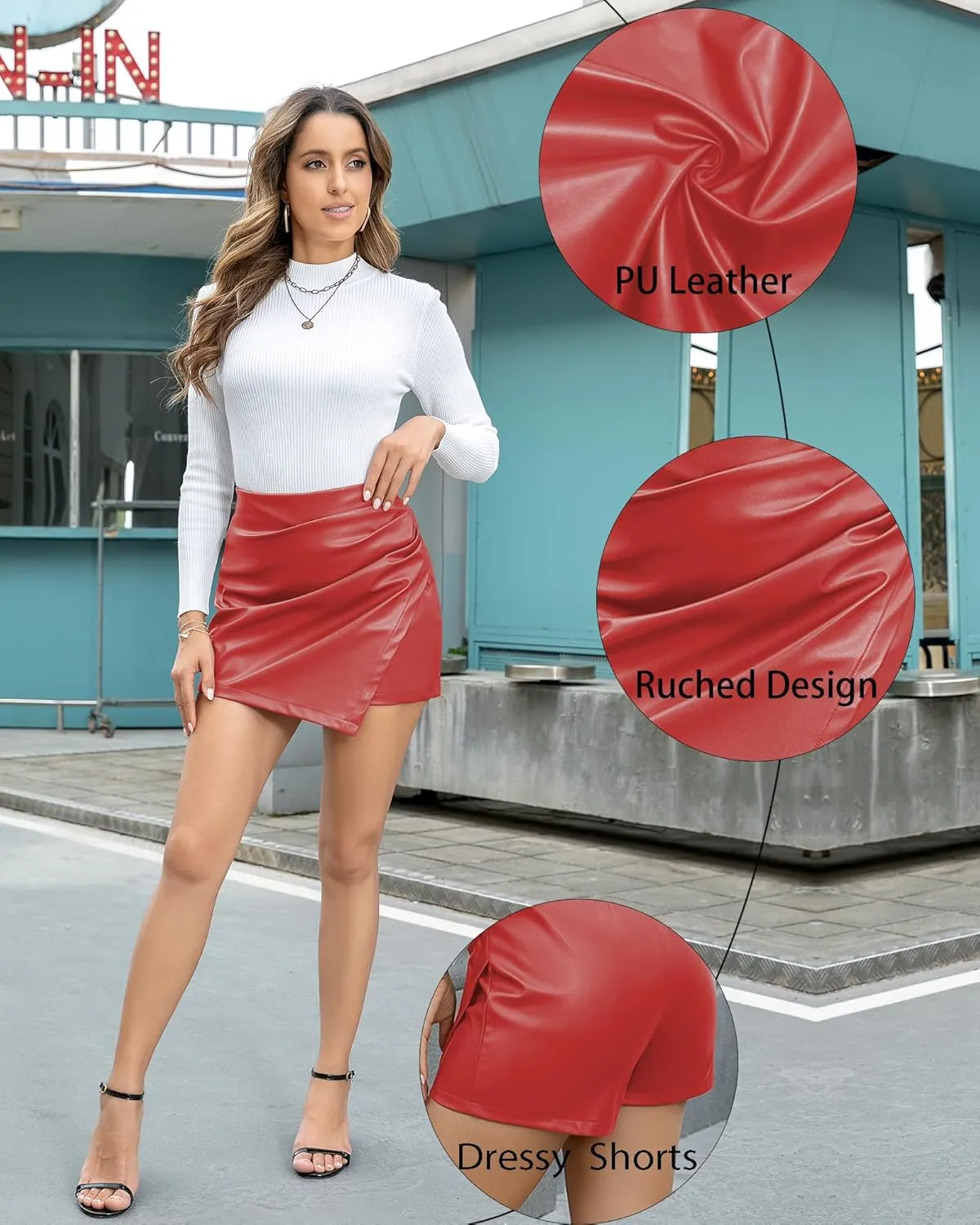 Faux Leather Skorts for Woman High Waisted PU Leather Shorts Elastic Waist Ruched Wrap Skorts Skirts