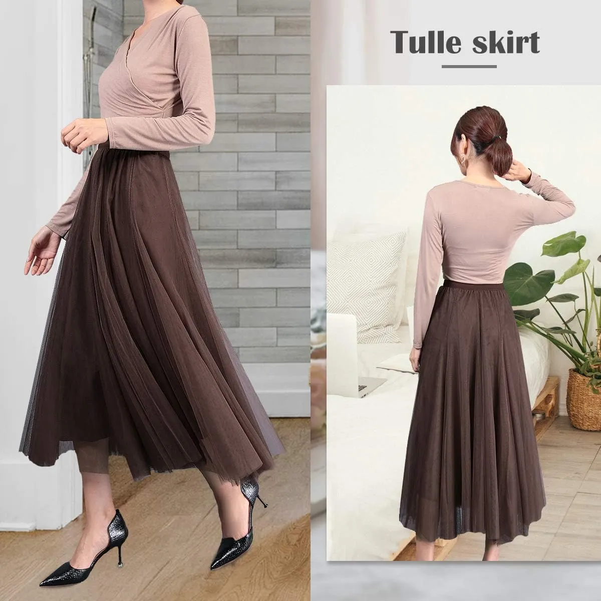 FEOYA Women Tutu Tulle Skirt A-Line Fairy Pleated Elastic Waist Maxi Midi Tea Length Party Evening Summer Casual Skirt