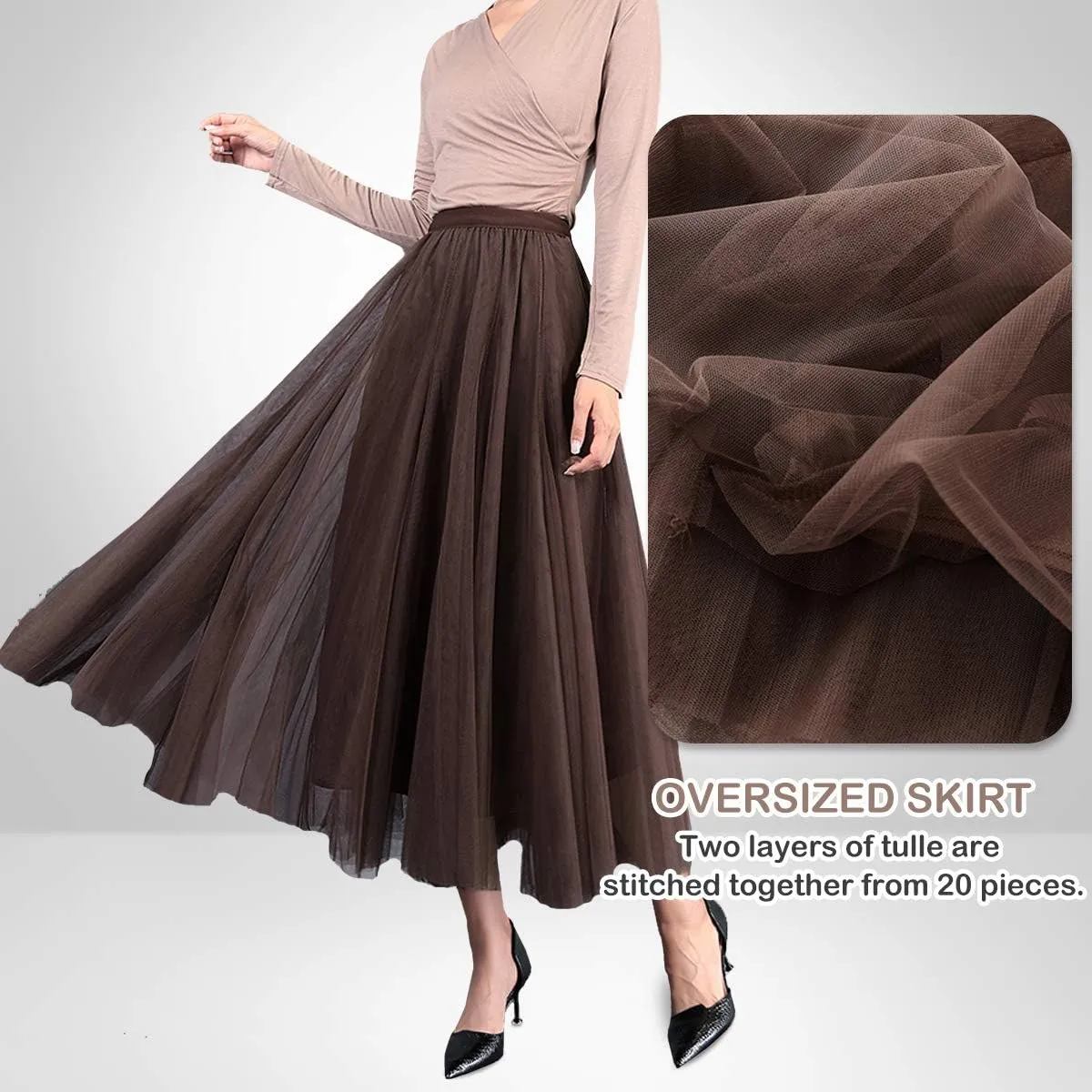 FEOYA Women Tutu Tulle Skirt A-Line Fairy Pleated Elastic Waist Maxi Midi Tea Length Party Evening Summer Casual Skirt