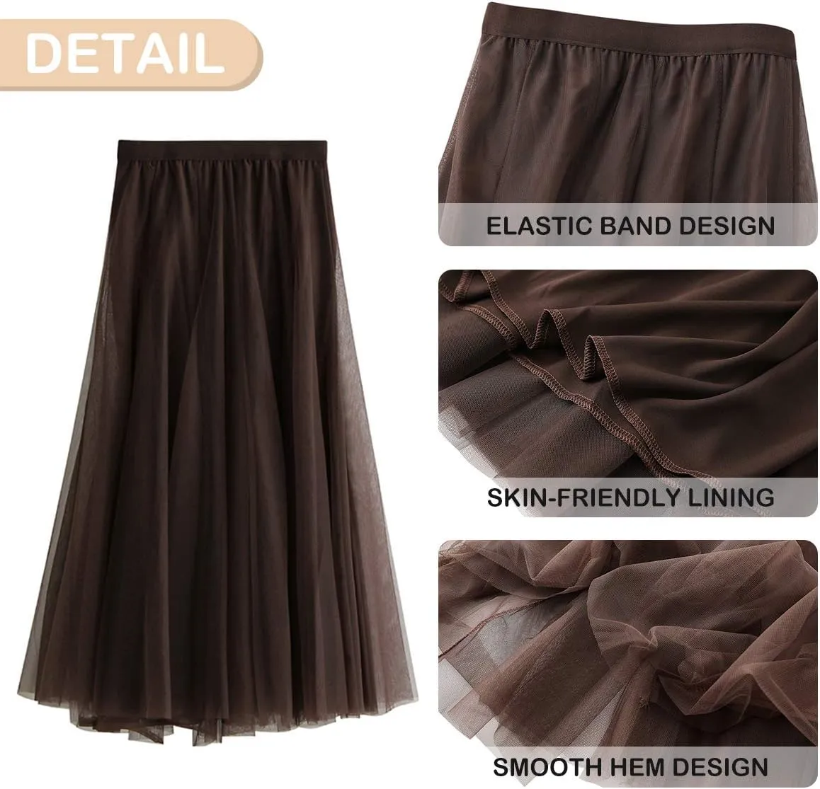 FEOYA Women Tutu Tulle Skirt A-Line Fairy Pleated Elastic Waist Maxi Midi Tea Length Party Evening Summer Casual Skirt