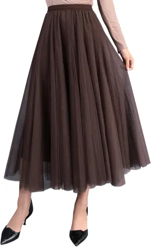 FEOYA Women Tutu Tulle Skirt A-Line Fairy Pleated Elastic Waist Maxi Midi Tea Length Party Evening Summer Casual Skirt