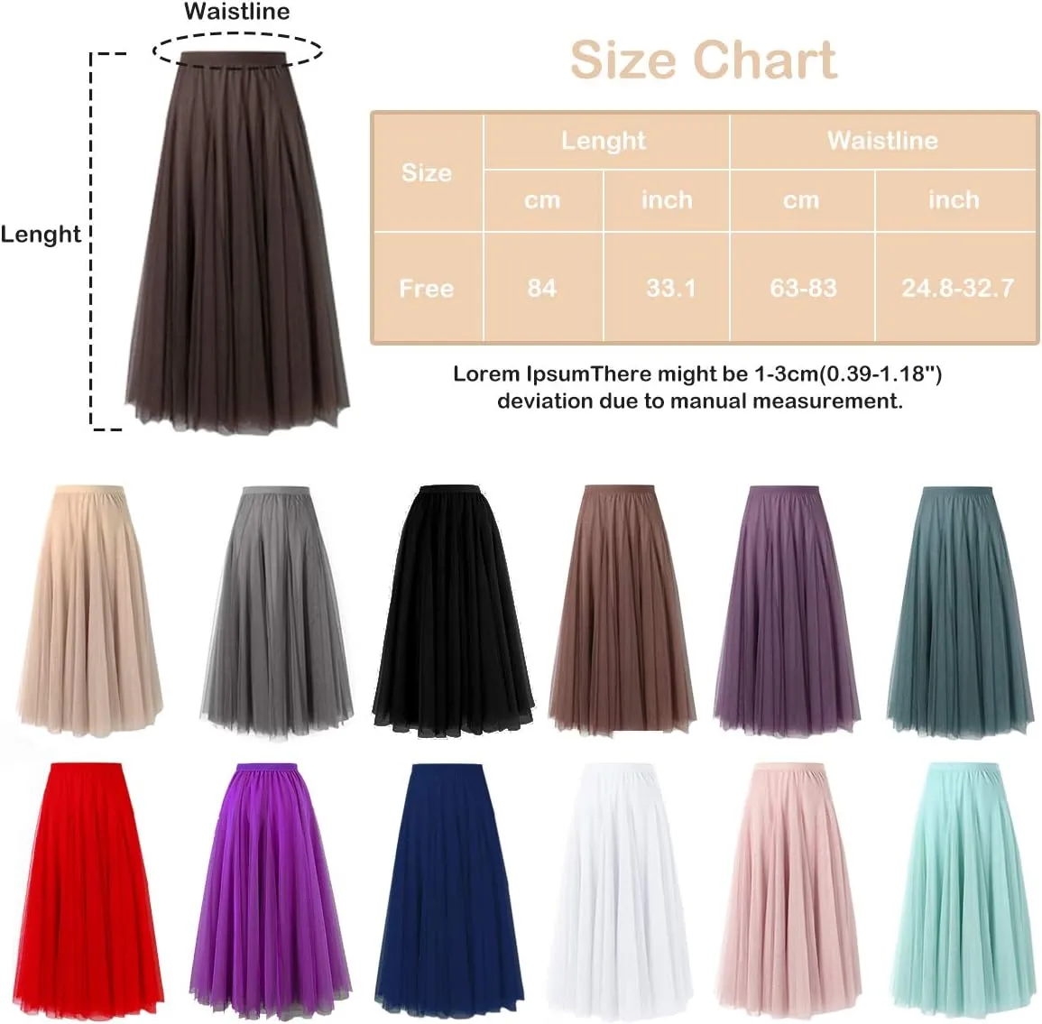 FEOYA Women Tutu Tulle Skirt A-Line Fairy Pleated Elastic Waist Maxi Midi Tea Length Party Evening Summer Casual Skirt