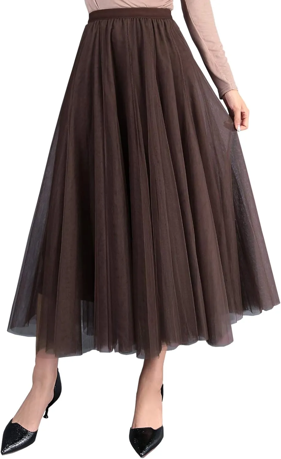 FEOYA Women Tutu Tulle Skirt A-Line Fairy Pleated Elastic Waist Maxi Midi Tea Length Party Evening Summer Casual Skirt
