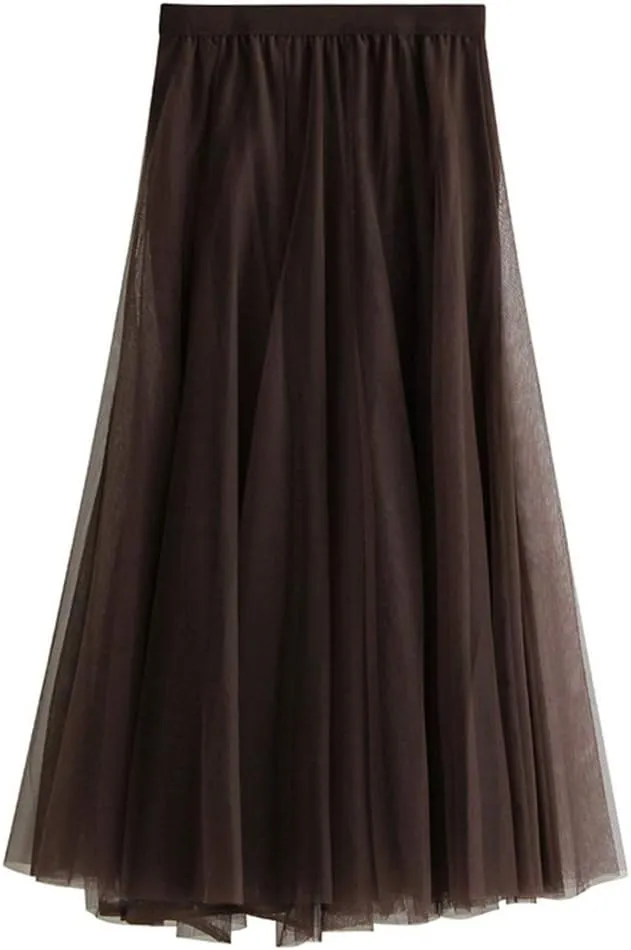 FEOYA Women Tutu Tulle Skirt A-Line Fairy Pleated Elastic Waist Maxi Midi Tea Length Party Evening Summer Casual Skirt