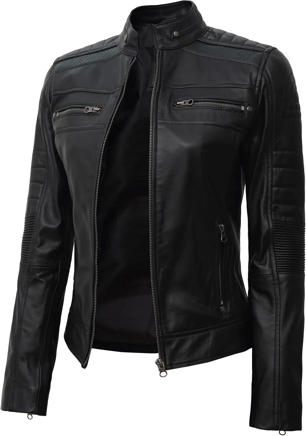 fjackets Real Leather Jacket Women - Cafe Racer Natural Grain Stand Collar Womens Leather Jackets