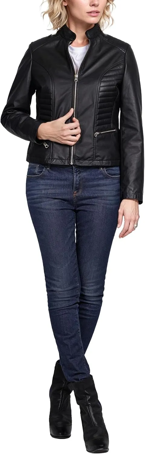 fjackets Real Leather Jacket Women - Cafe Racer Natural Grain Stand Collar Womens Leather Jackets