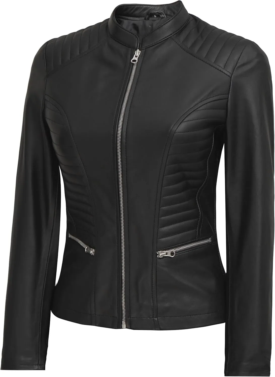 fjackets Real Leather Jacket Women - Cafe Racer Natural Grain Stand Collar Womens Leather Jackets