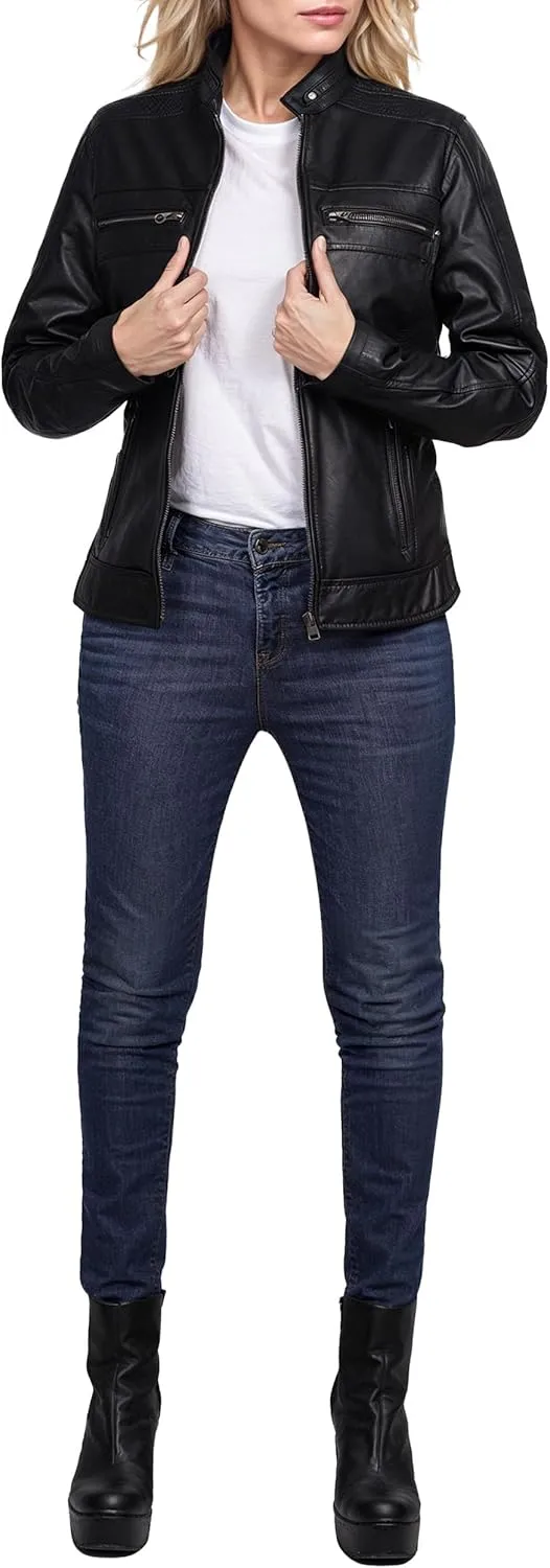 fjackets Real Leather Jacket Women - Cafe Racer Natural Grain Stand Collar Womens Leather Jackets