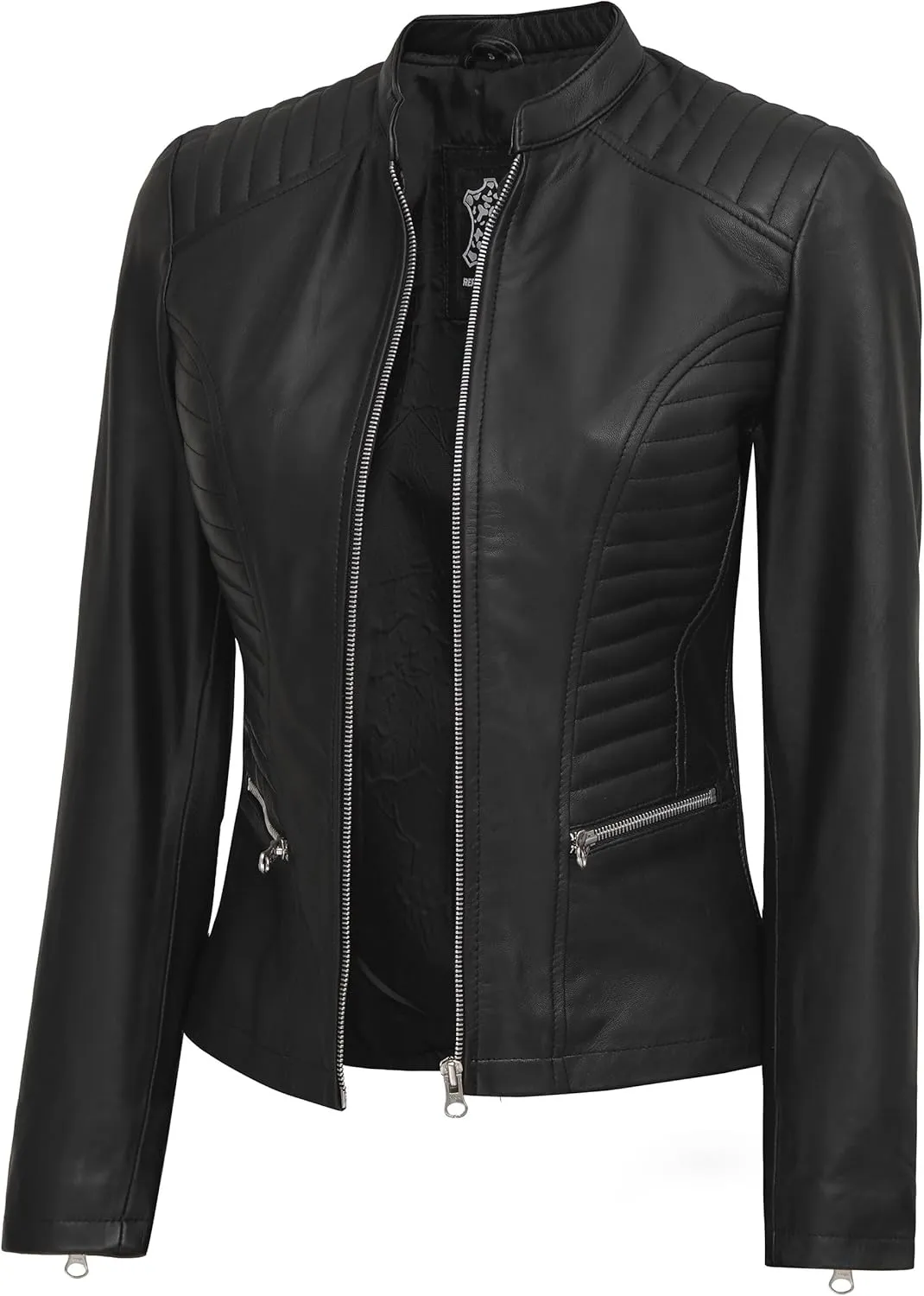 fjackets Real Leather Jacket Women - Cafe Racer Natural Grain Stand Collar Womens Leather Jackets