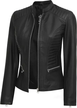 fjackets Real Leather Jacket Women - Cafe Racer Natural Grain Stand Collar Womens Leather Jackets
