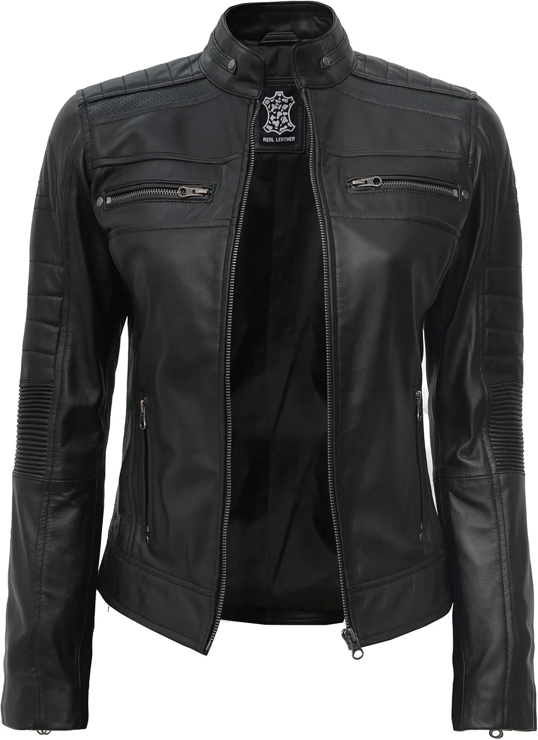fjackets Real Leather Jacket Women - Cafe Racer Natural Grain Stand Collar Womens Leather Jackets