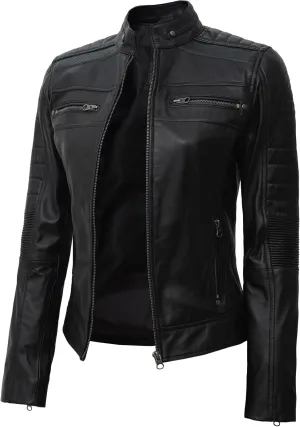 fjackets Real Leather Jacket Women - Cafe Racer Natural Grain Stand Collar Womens Leather Jackets