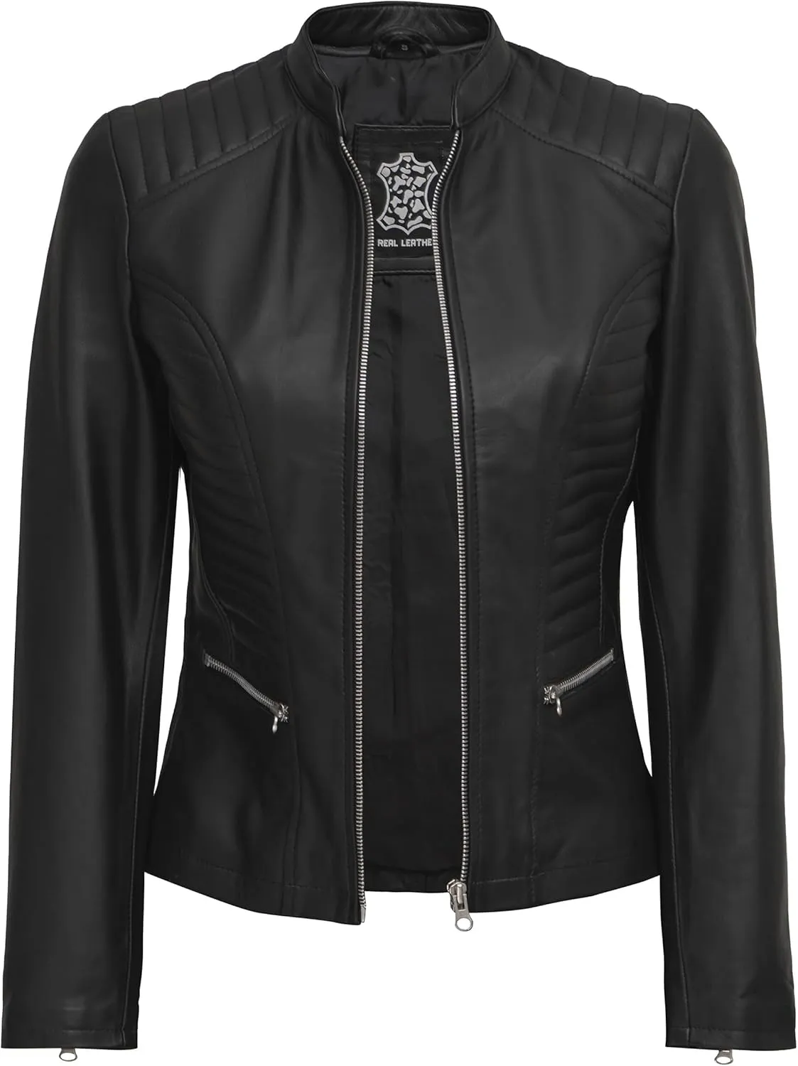 fjackets Real Leather Jacket Women - Cafe Racer Natural Grain Stand Collar Womens Leather Jackets