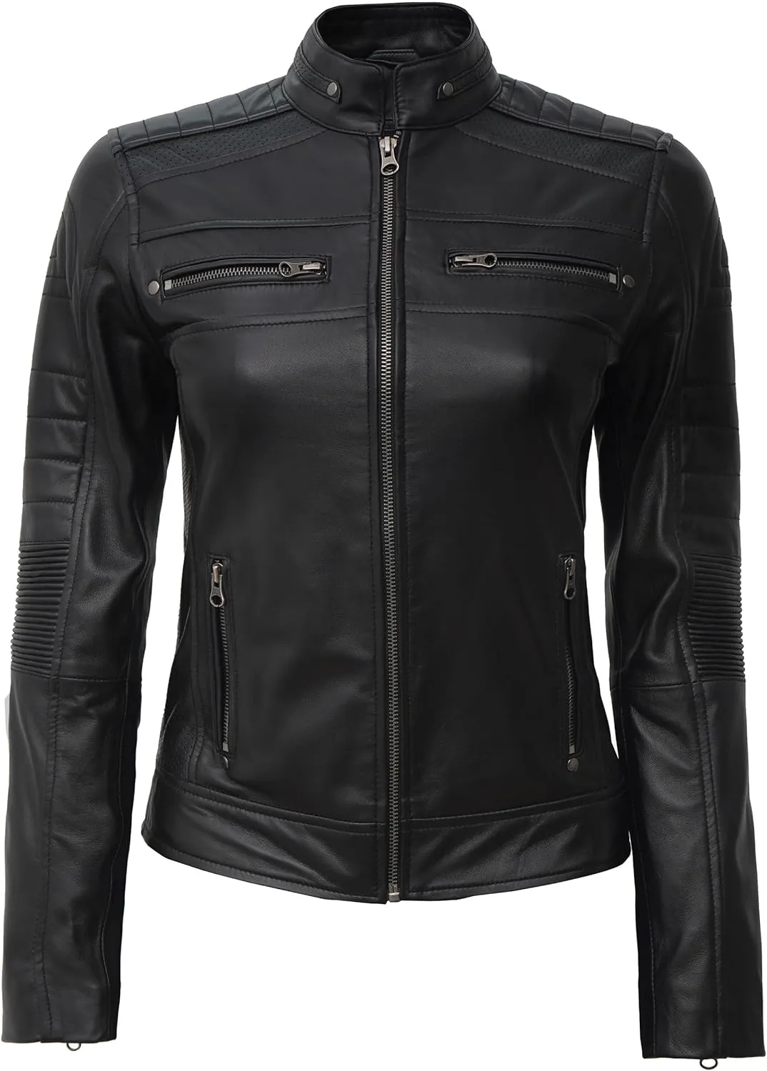 fjackets Real Leather Jacket Women - Cafe Racer Natural Grain Stand Collar Womens Leather Jackets