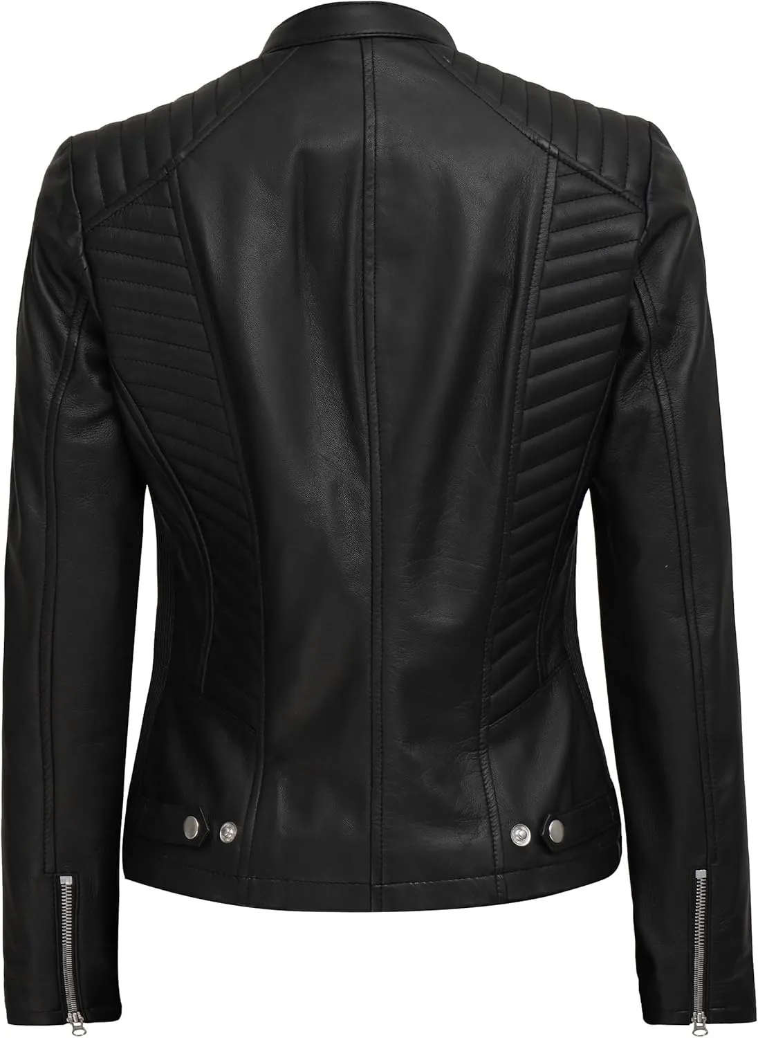 fjackets Real Leather Jacket Women - Cafe Racer Natural Grain Stand Collar Womens Leather Jackets