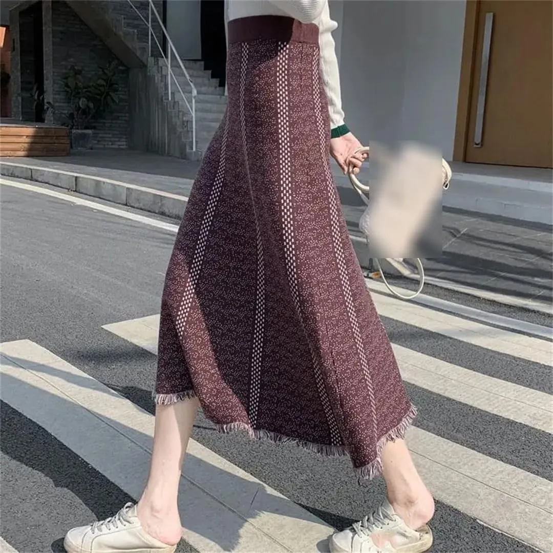 Fjnbbiot Casual Knitted Skirt Women Autumn Winter Fashion Printed A Line High Waist Pleated Midi Skirt