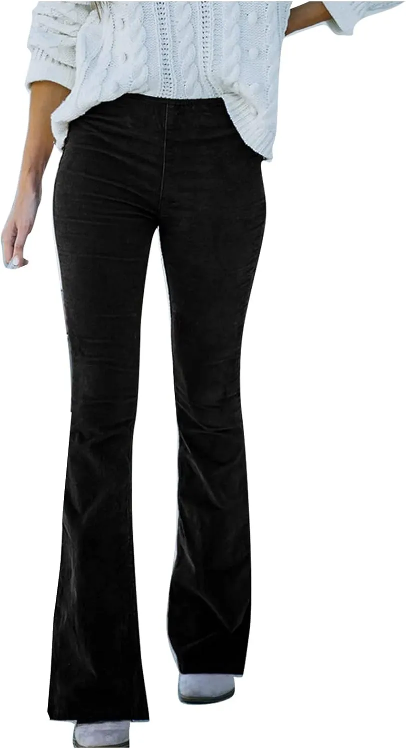 Flare Corduroy Pants for Women High Waisted Wide Leg Pants Elastic Waist Pull On Bell Bottoms Front Seam Slacks