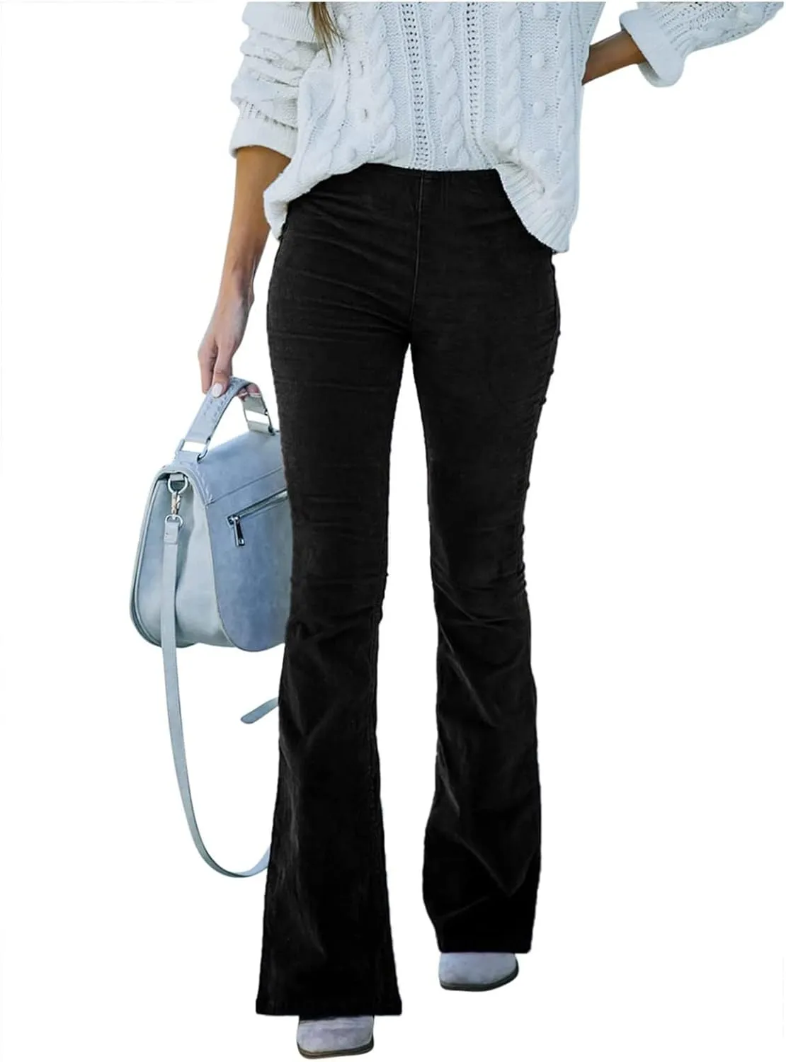 Flare Corduroy Pants for Women High Waisted Wide Leg Pants Elastic Waist Pull On Bell Bottoms Front Seam Slacks