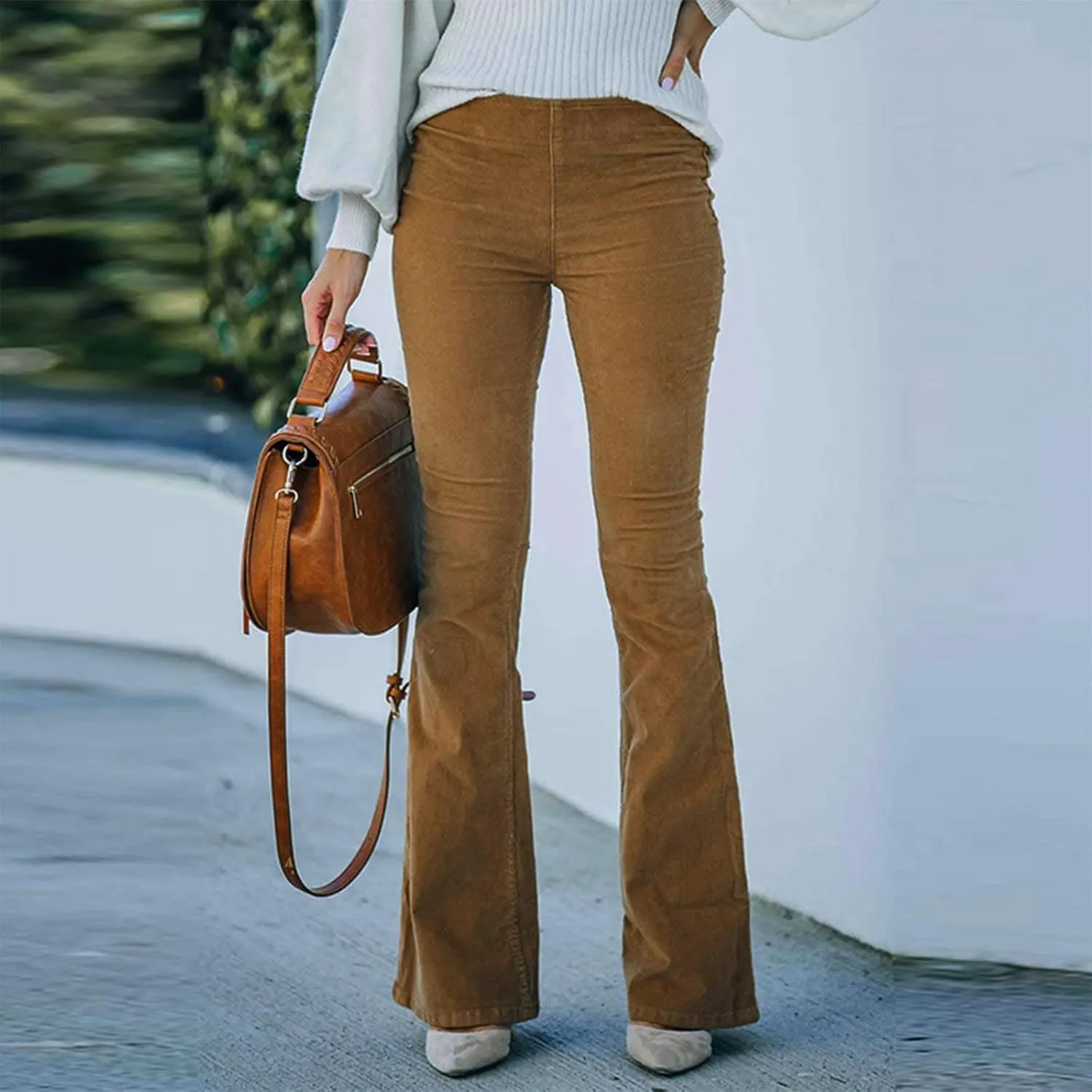Flare Corduroy Pants for Women High Waisted Wide Leg Pants Elastic Waist Pull On Bell Bottoms Front Seam Slacks