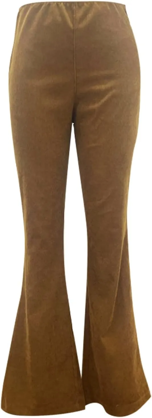 Flare Corduroy Pants for Women High Waisted Wide Leg Pants Elastic Waist Pull On Bell Bottoms Front Seam Slacks