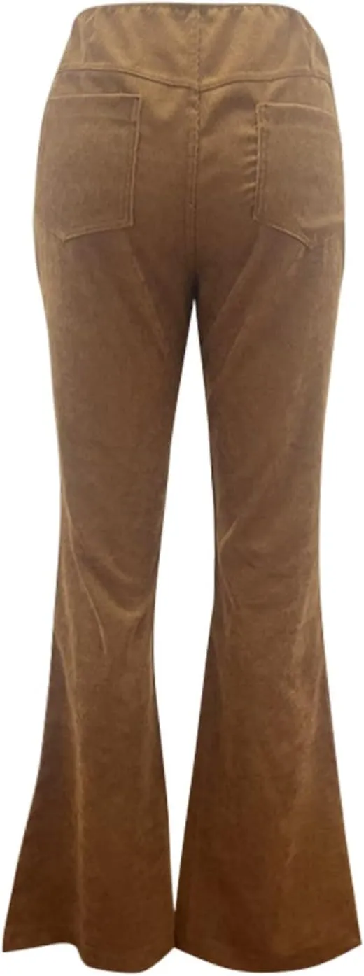 Flare Corduroy Pants for Women High Waisted Wide Leg Pants Elastic Waist Pull On Bell Bottoms Front Seam Slacks