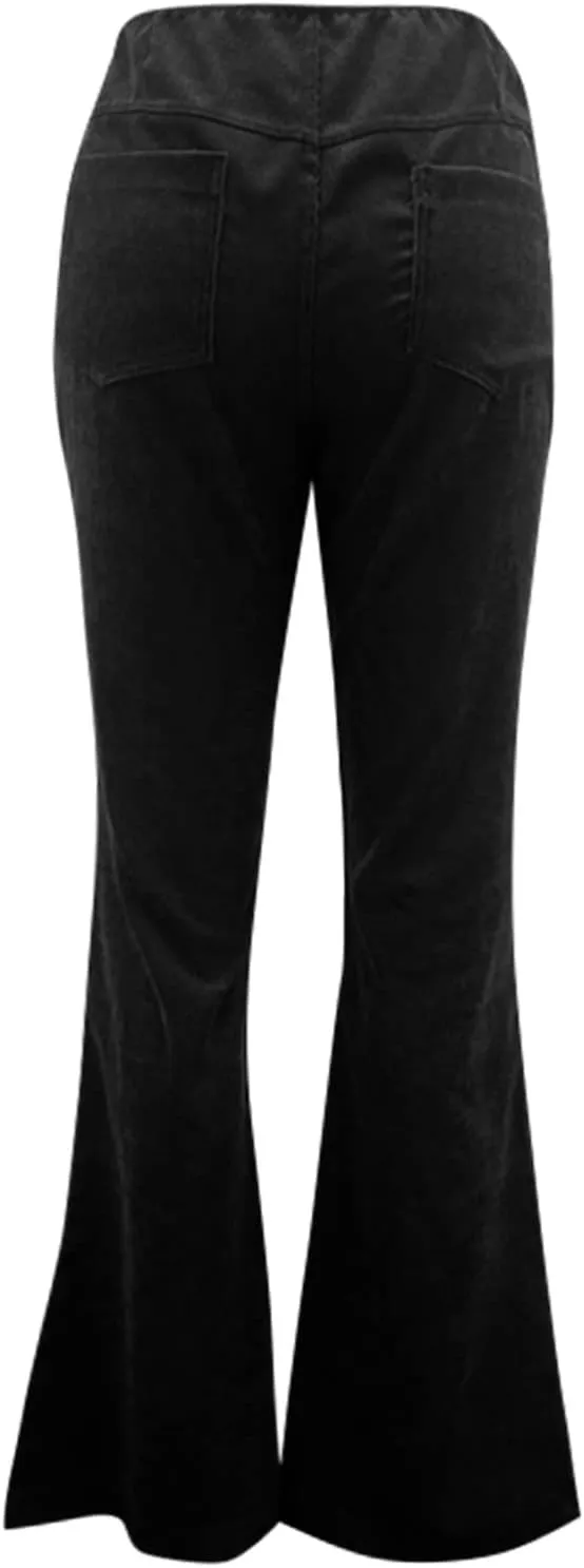 Flare Corduroy Pants for Women High Waisted Wide Leg Pants Elastic Waist Pull On Bell Bottoms Front Seam Slacks