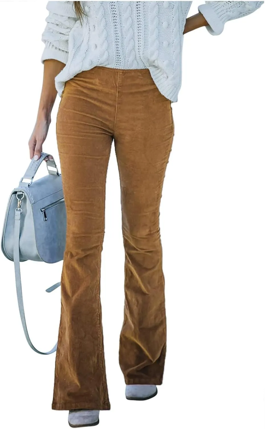 Flare Corduroy Pants for Women High Waisted Wide Leg Pants Elastic Waist Pull On Bell Bottoms Front Seam Slacks