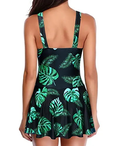 Flattering And Elegant Swim Dresses For Women One Piece-Black And Green Leaf