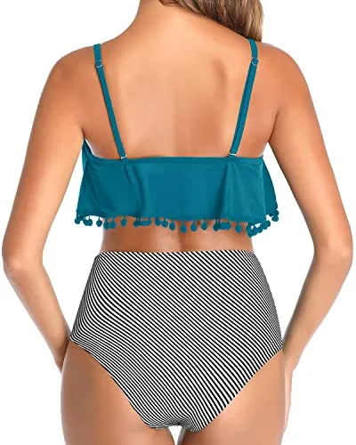 Flattering High Waisted Swimsuit Women's Ruffle Flounce Bikini with Pom Pom Trim