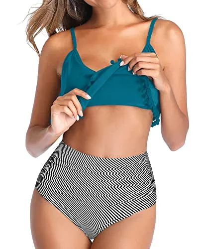 Flattering High Waisted Swimsuit Women's Ruffle Flounce Bikini with Pom Pom Trim