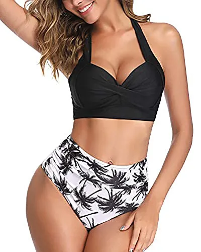 Flattering Pleated Front Panel Vintage High Waisted Bikini-Black Palm Tree