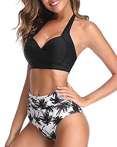 Flattering Pleated Front Panel Vintage High Waisted Bikini-Black Palm Tree