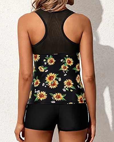Flattering Racerback Tankini Set Mid-Waist Swim Shorts-Black And Sunflower