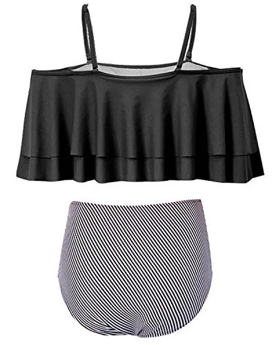 Flattering Two Piece Swimsuit For Women High Waisted Bikini Bottoms-Black Stripe