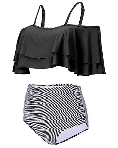 Flattering Two Piece Swimsuit For Women High Waisted Bikini Bottoms-Black Stripe