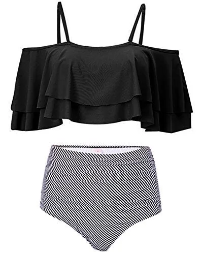 Flattering Two Piece Swimsuit For Women High Waisted Bikini Bottoms-Black Stripe