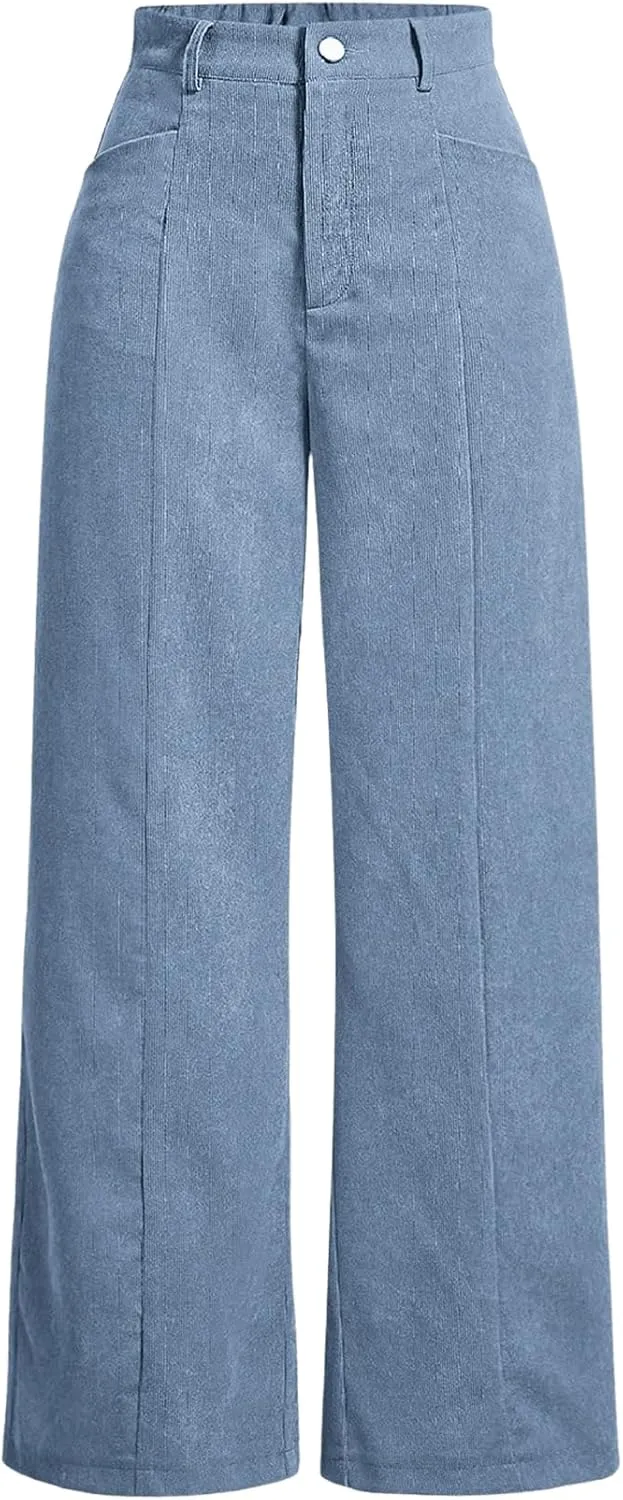 Floerns Women's Corduroy Elastic High Waisted Baggy Pants Straight Leg Work Trousers