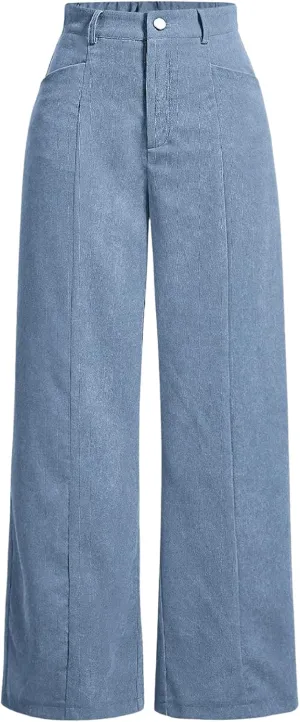 Floerns Women's Corduroy Elastic High Waisted Baggy Pants Straight Leg Work Trousers