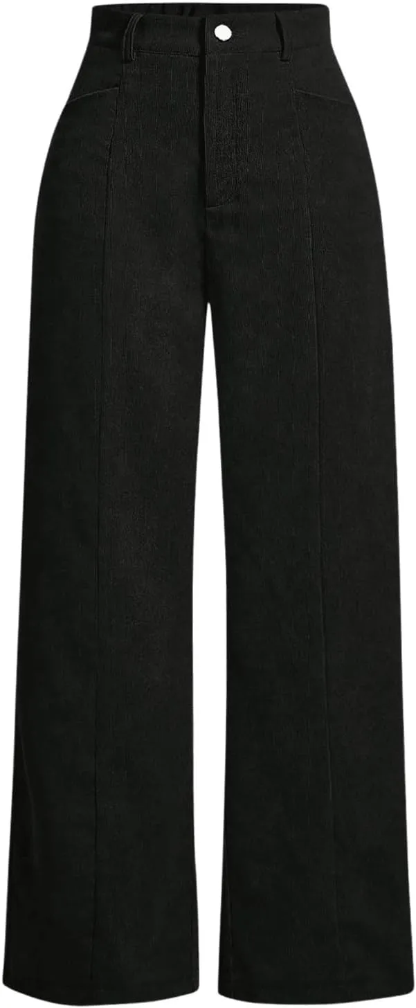 Floerns Women's Corduroy Elastic High Waisted Baggy Pants Straight Leg Work Trousers