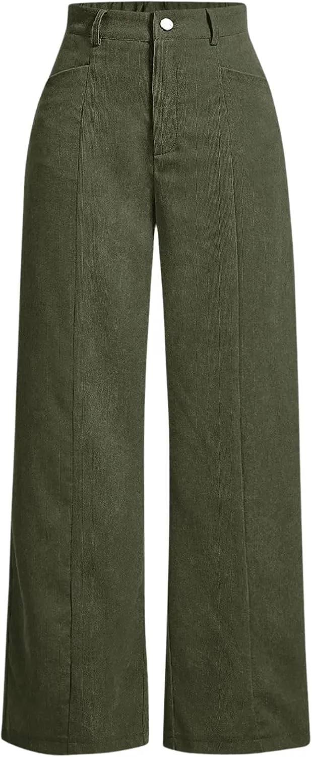 Floerns Women's Corduroy Elastic High Waisted Baggy Pants Straight Leg Work Trousers