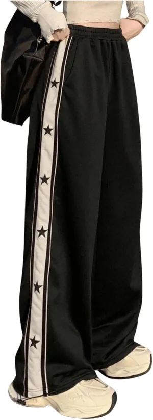 Floerns Women's Star Print Elastic High Waist Baggy Sweatpants Straight Leg Athletic Trousers