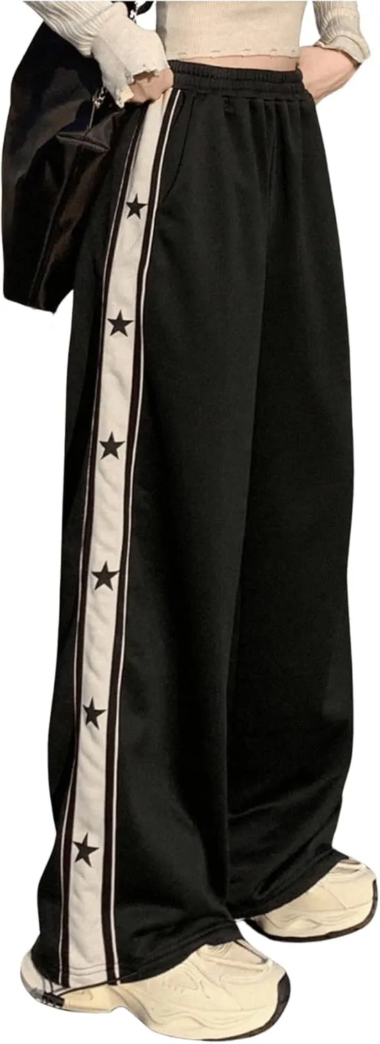 Floerns Women's Star Print Elastic High Waist Baggy Sweatpants Straight Leg Athletic Trousers