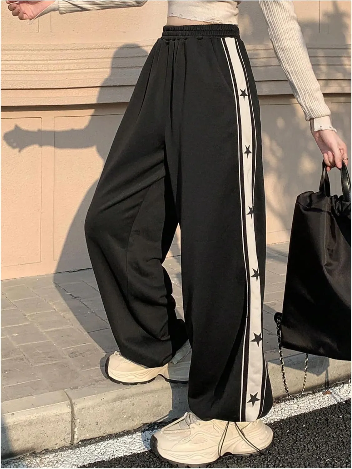 Floerns Women's Star Print Elastic High Waist Baggy Sweatpants Straight Leg Athletic Trousers