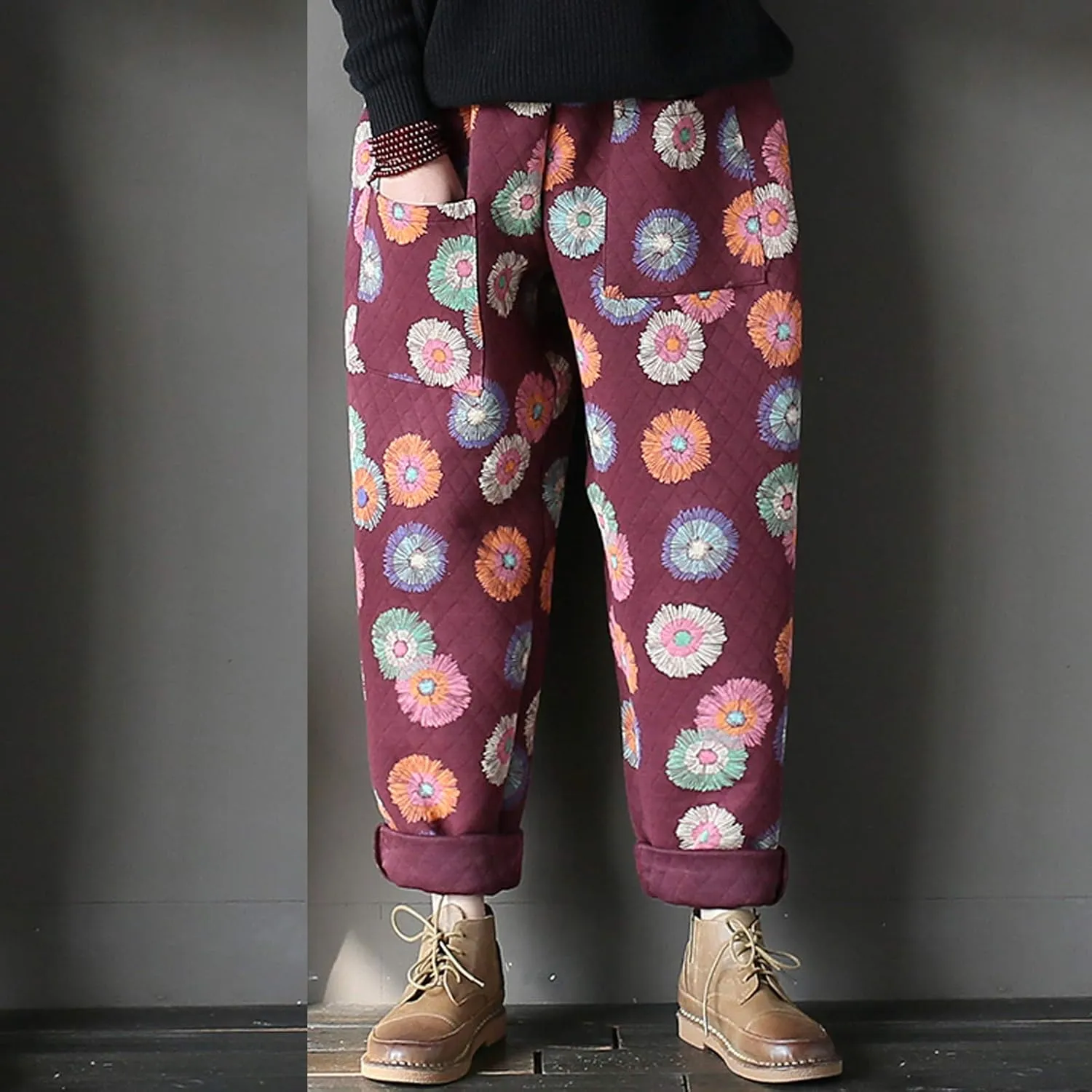 Flygo Womens High Waisted Floral Printed Loose Cropped Harem Pants